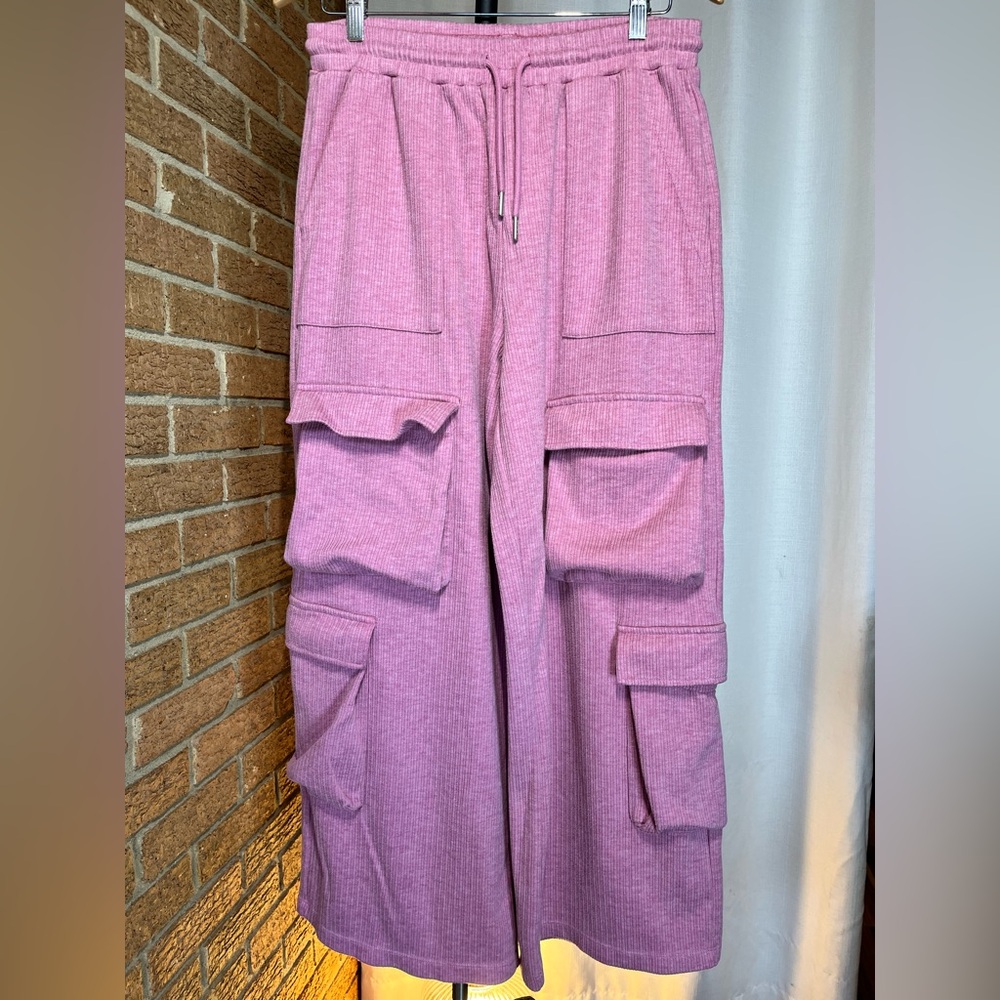 Halara Mid Rise Drawstring Pockets Wide Leg Cargo Casual Pants Wild Rose -L - Picture 4 of 8